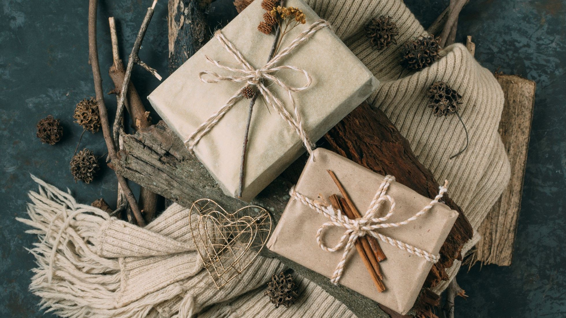 Flat lay arrangement with presents and scarf